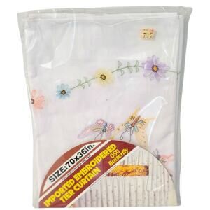 Imported Embroidered Tier Curtain Butterfly Floral Whimsy 70x36" Pair NEW Vintag